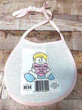 Stitch-A-Bib 14ct Aida Cloth Baby Bib Pink Trim 100% Cotton For Cross-Stitch Pro